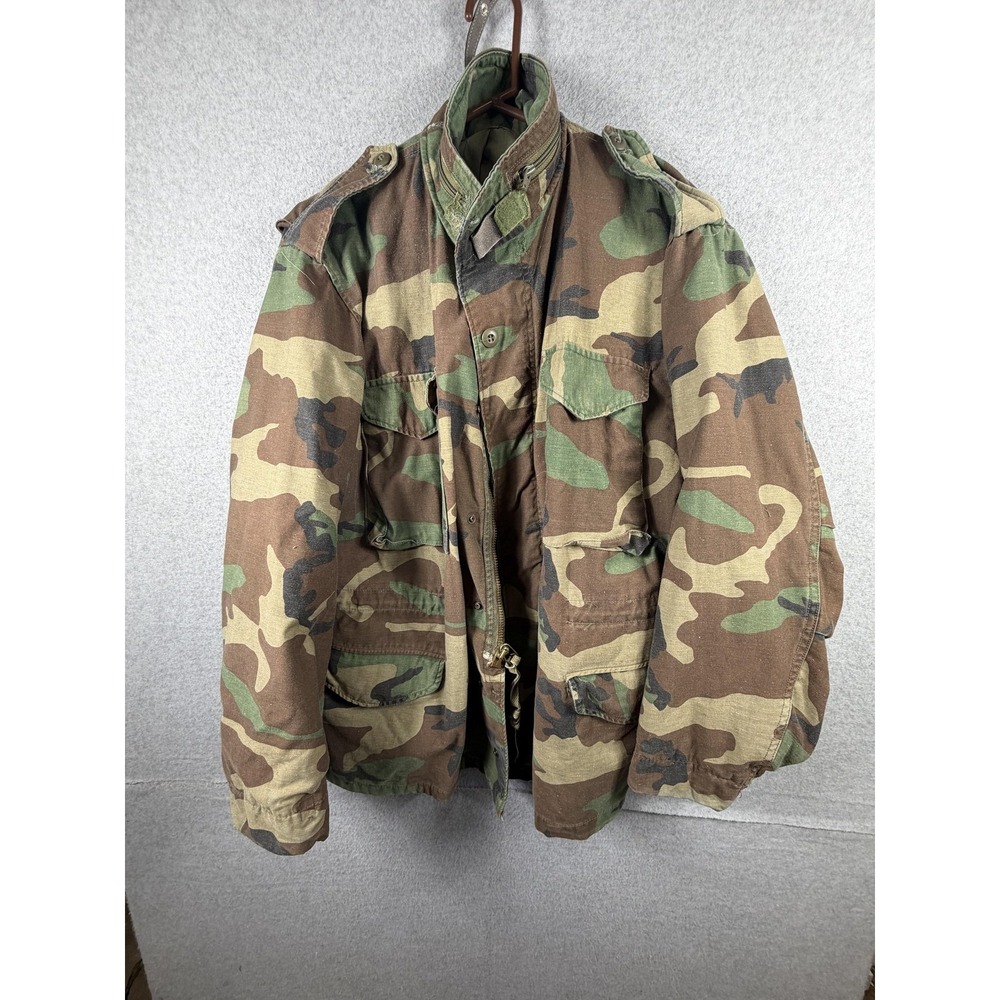 Vintage US Army Jacket Mens Large Woodland Camo Cold Weather Field Military 80s